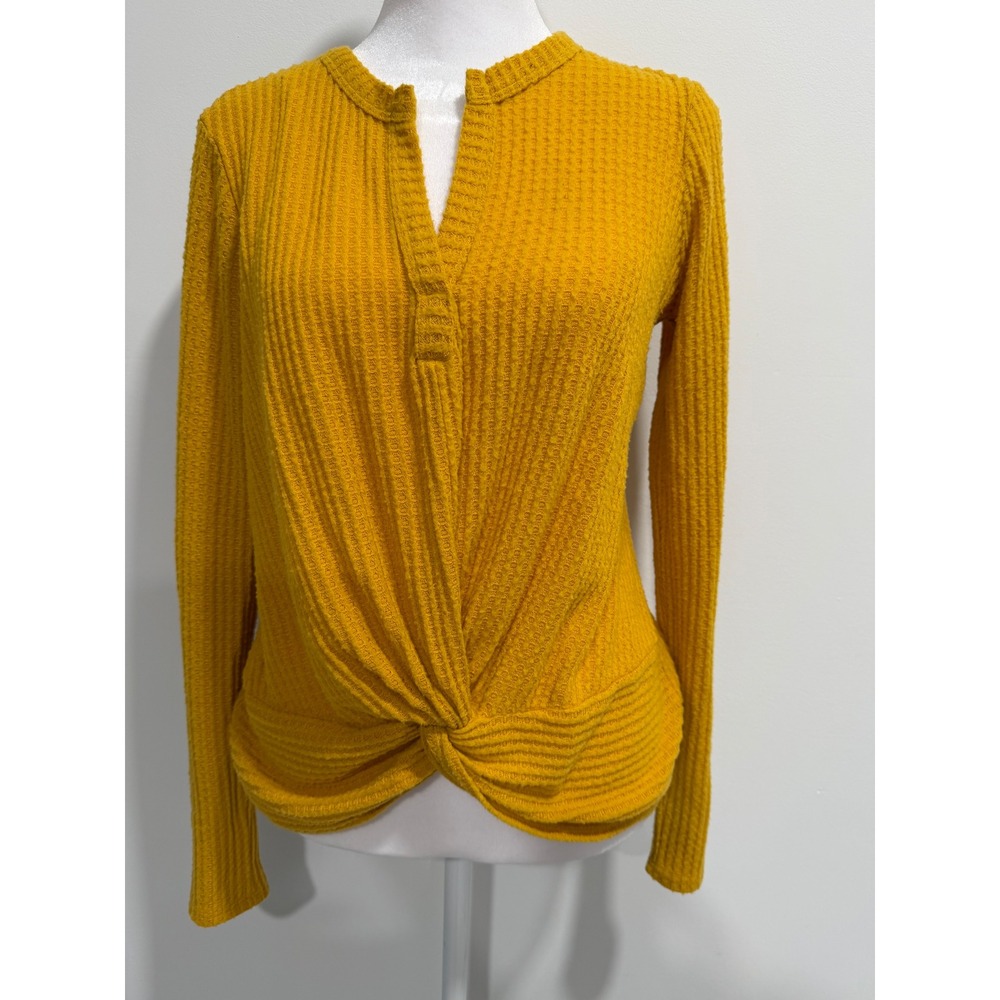 Socialite Mustard Yellow Waffle Knit Twist Front Long Sleeve Top Small